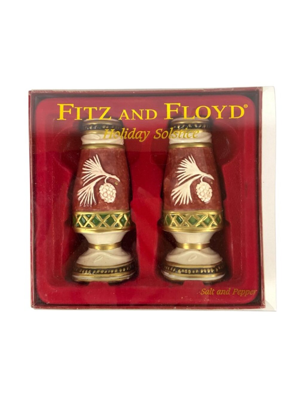 Fitz And Floyd Holiday Solstice Salt & Pepper Shakers Ceramic Red Green Gold